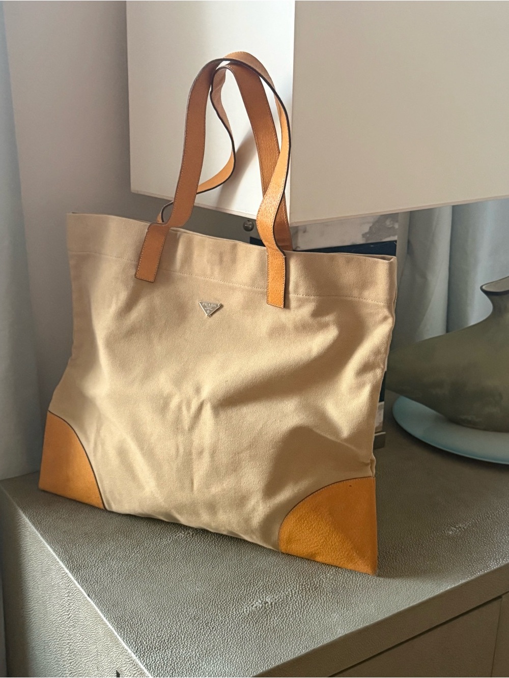 Prada Large Canapa Canvas Tote with Ochre Yellow Cinghiale Boarskin Appliqué - Picture 5 of 14